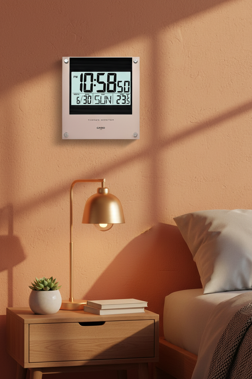 Casio ID-11S-1DF reloj de pared digital slim en habitación terracota