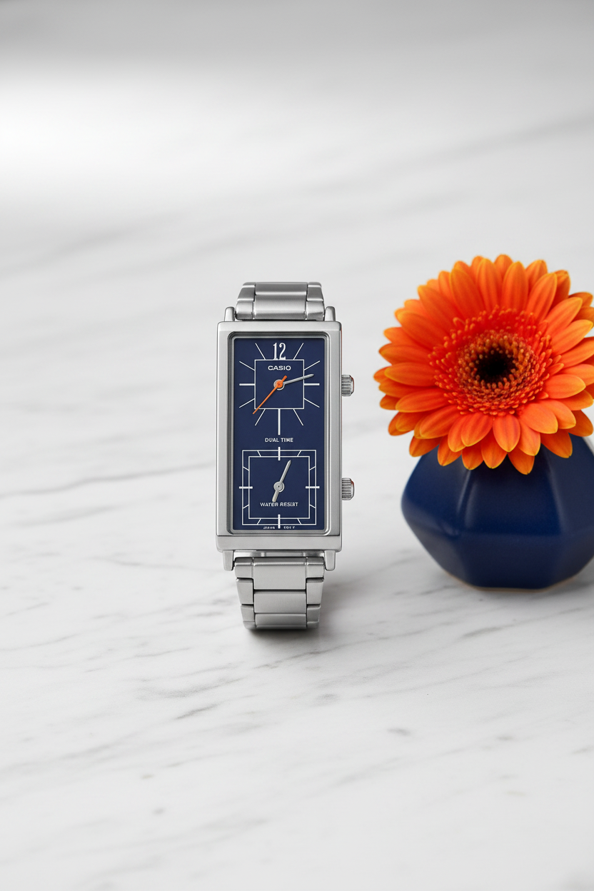 Casio LTP-E151D-2BDF sobre mármol blanco con flor naranja