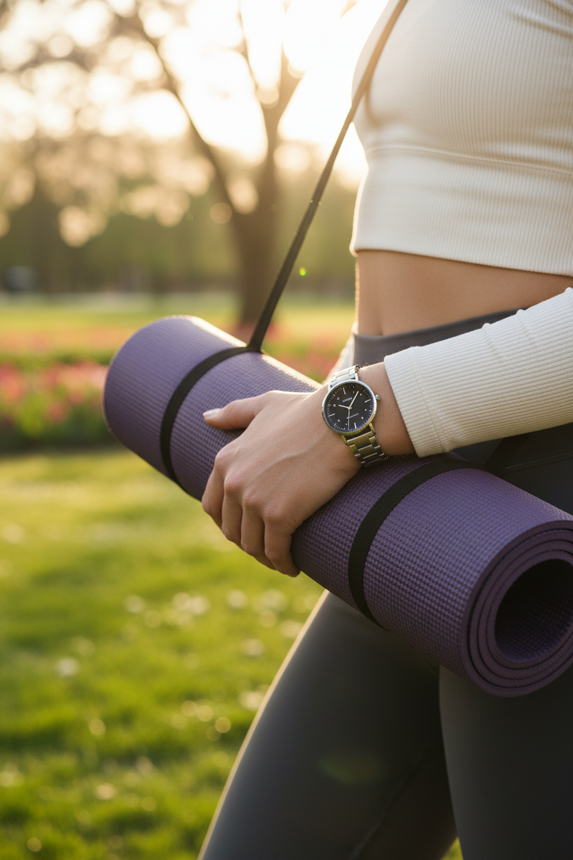 Casio LTP-VT03D-1BDF en muñeca, escena de yoga al aire libre