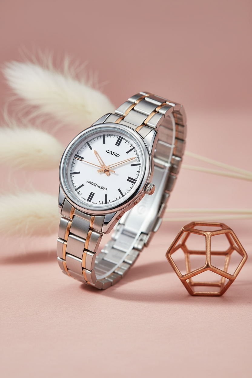Casio LTP-V005SG-7AUDF sobre fondo blush con pampas blancas