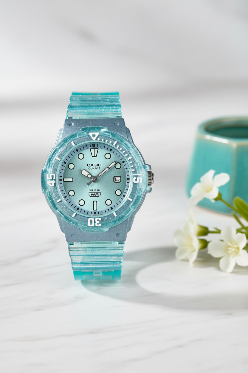 Casio LRW-200HS-2EVDF sobre mármol blanco con flores