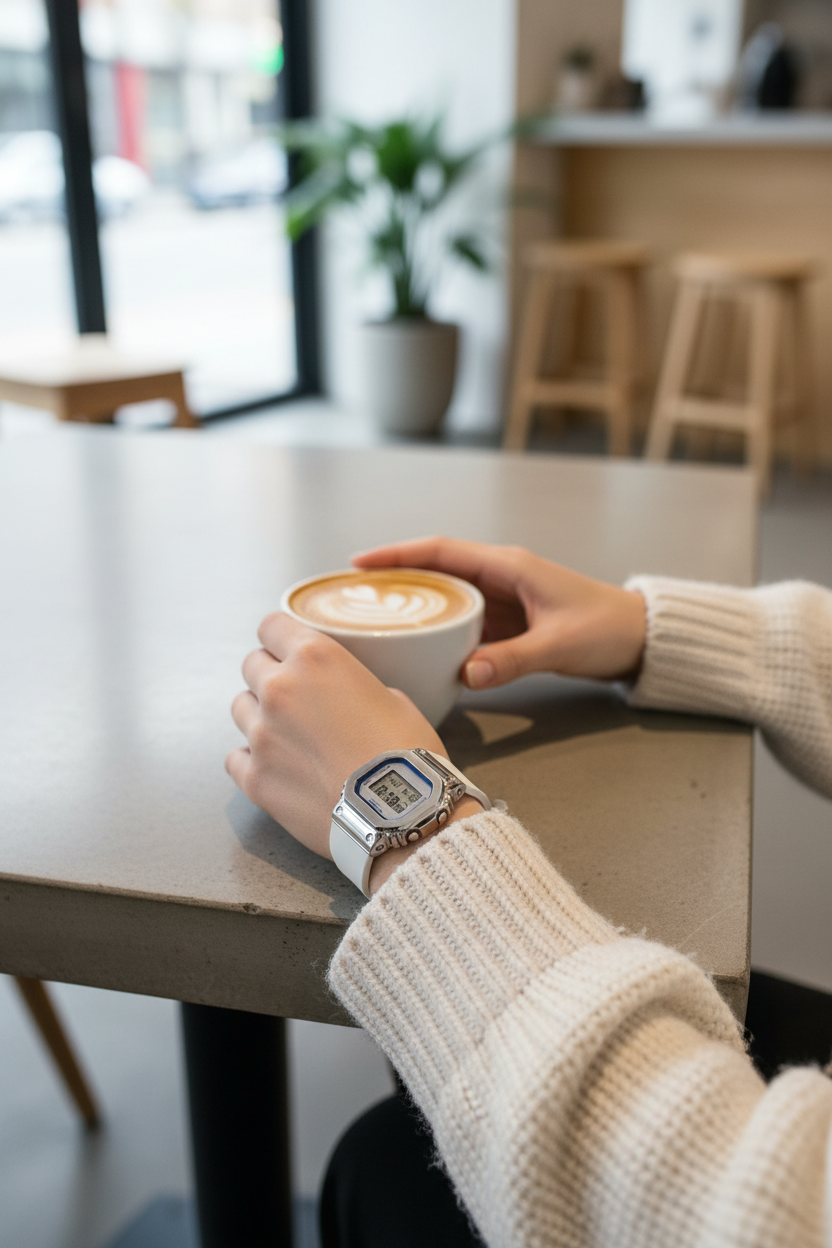 Casio G-Shock GM-S5600LC-7DR lifestyle - café urbano chic