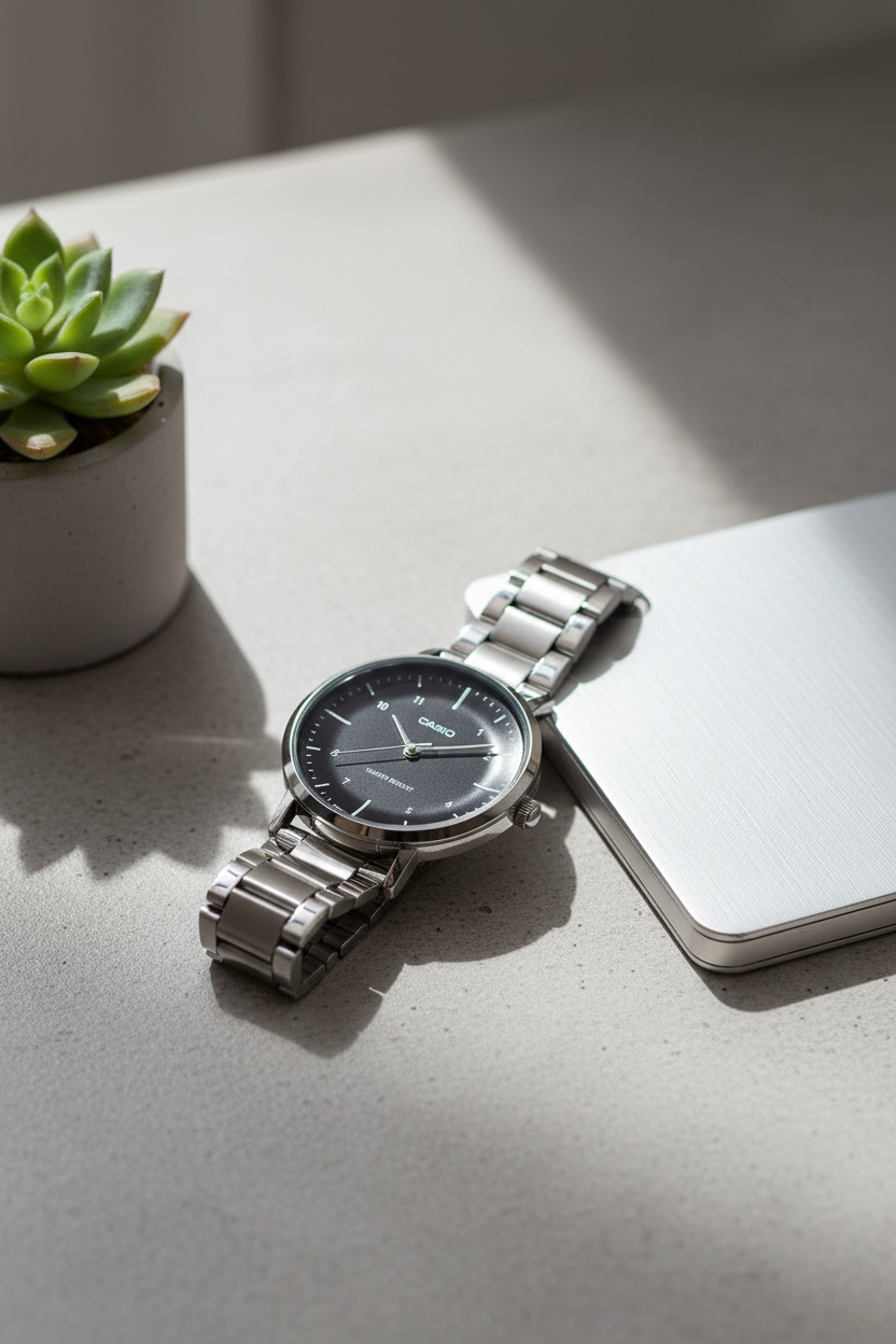Casio LTP-VT03D-1BDF sobre concreto gris con suculenta