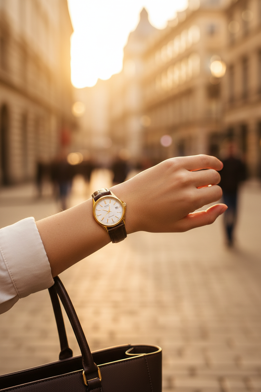 Casio LTP-1183Q-7ADF en muñeca en escena urbana golden hour