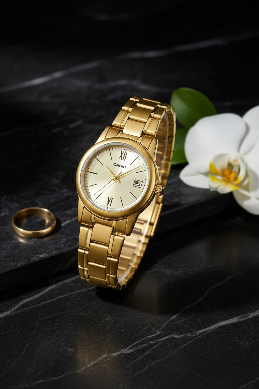 Casio LTP-V002G-9B3UDF sobre mármol negro con orquídea dorada