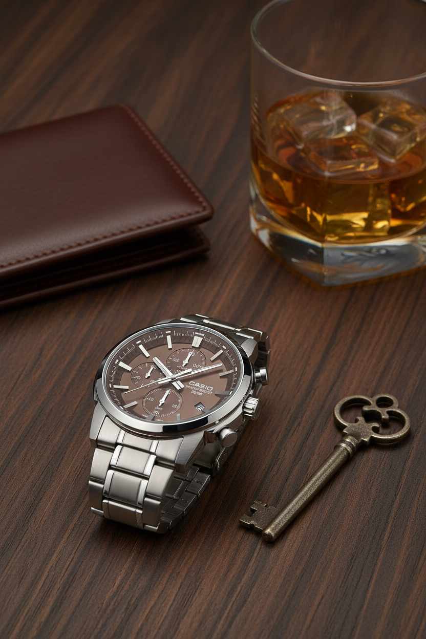 Producto - Madera oscura con billetera llave y whisky