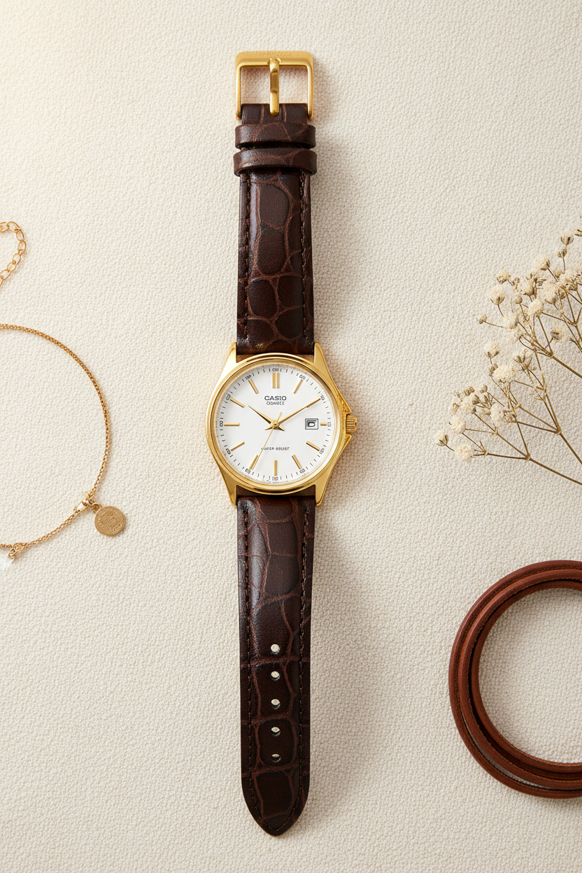 Casio LTP-1183Q-7ADF flat lay sobre lino crema