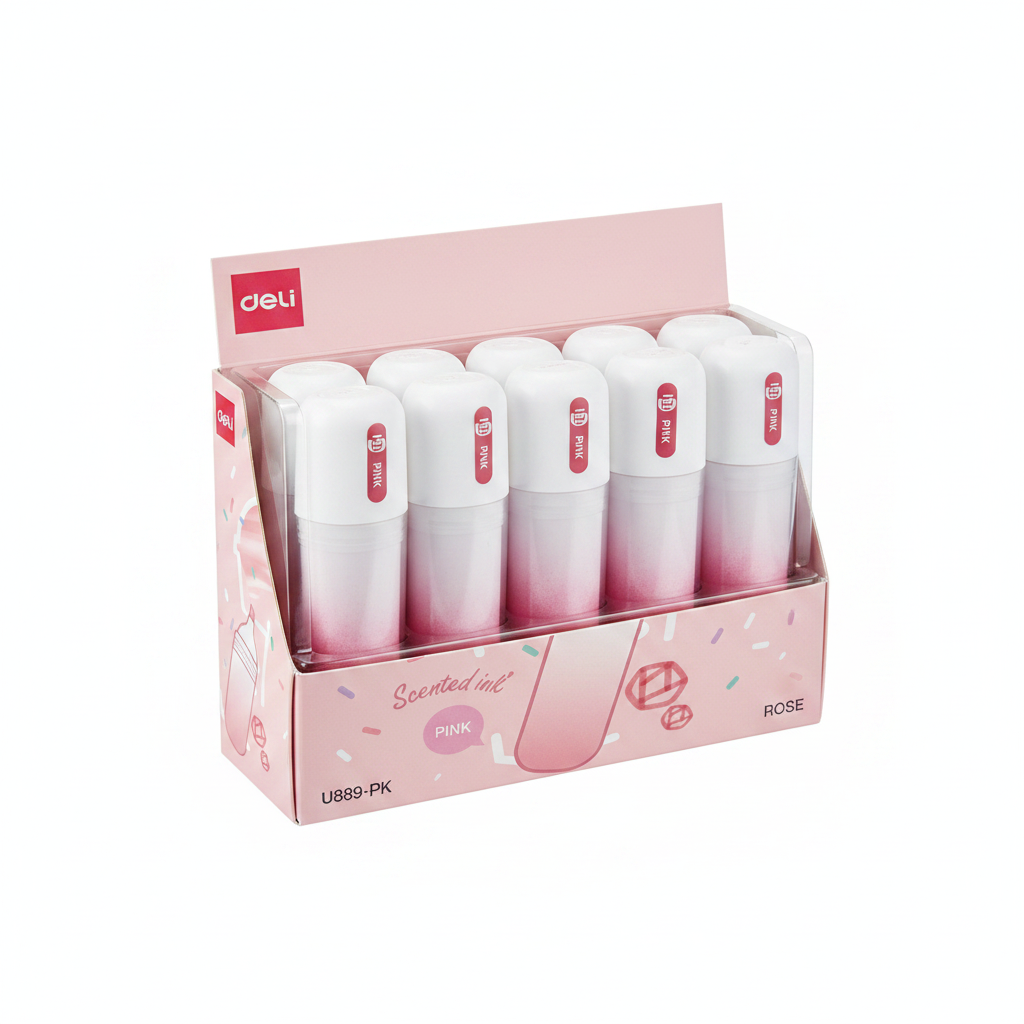 Resaltador con aroma DELI cuerpo transparante punta biselada Rosado x6 Unidades