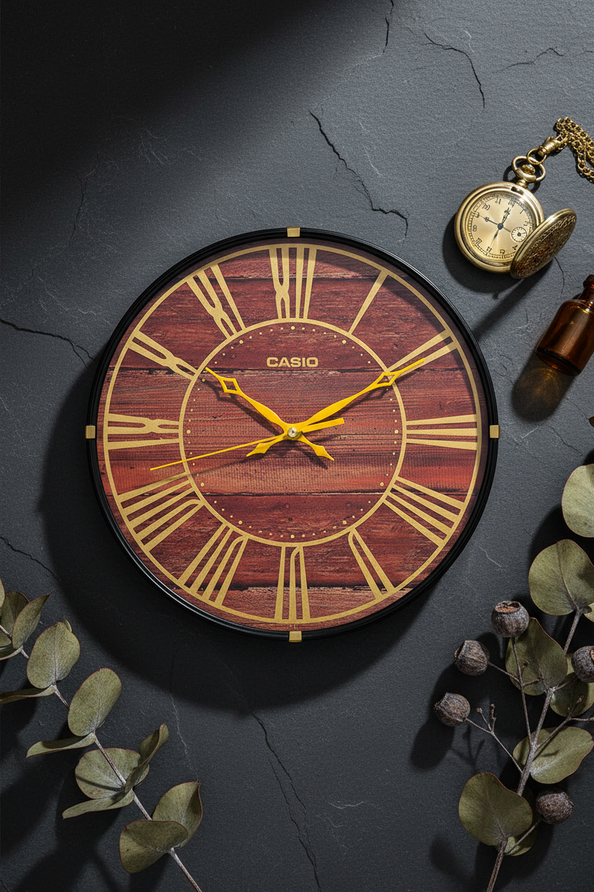 Casio IQ-81-5ADF flat lay sobre pizarra con accesorios dorados