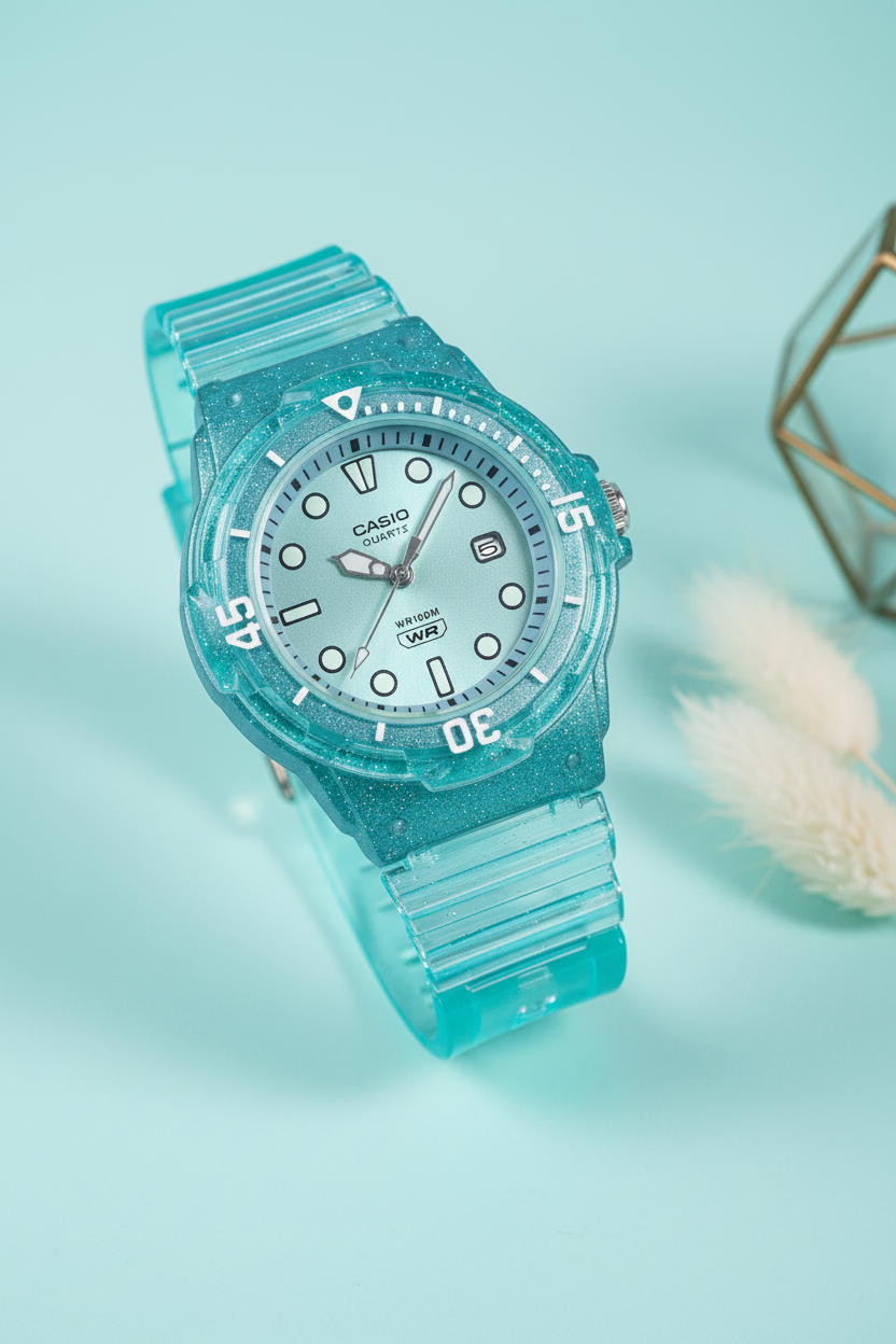 Casio LRW-200HS-2EVDF sobre fondo aqua con pampas