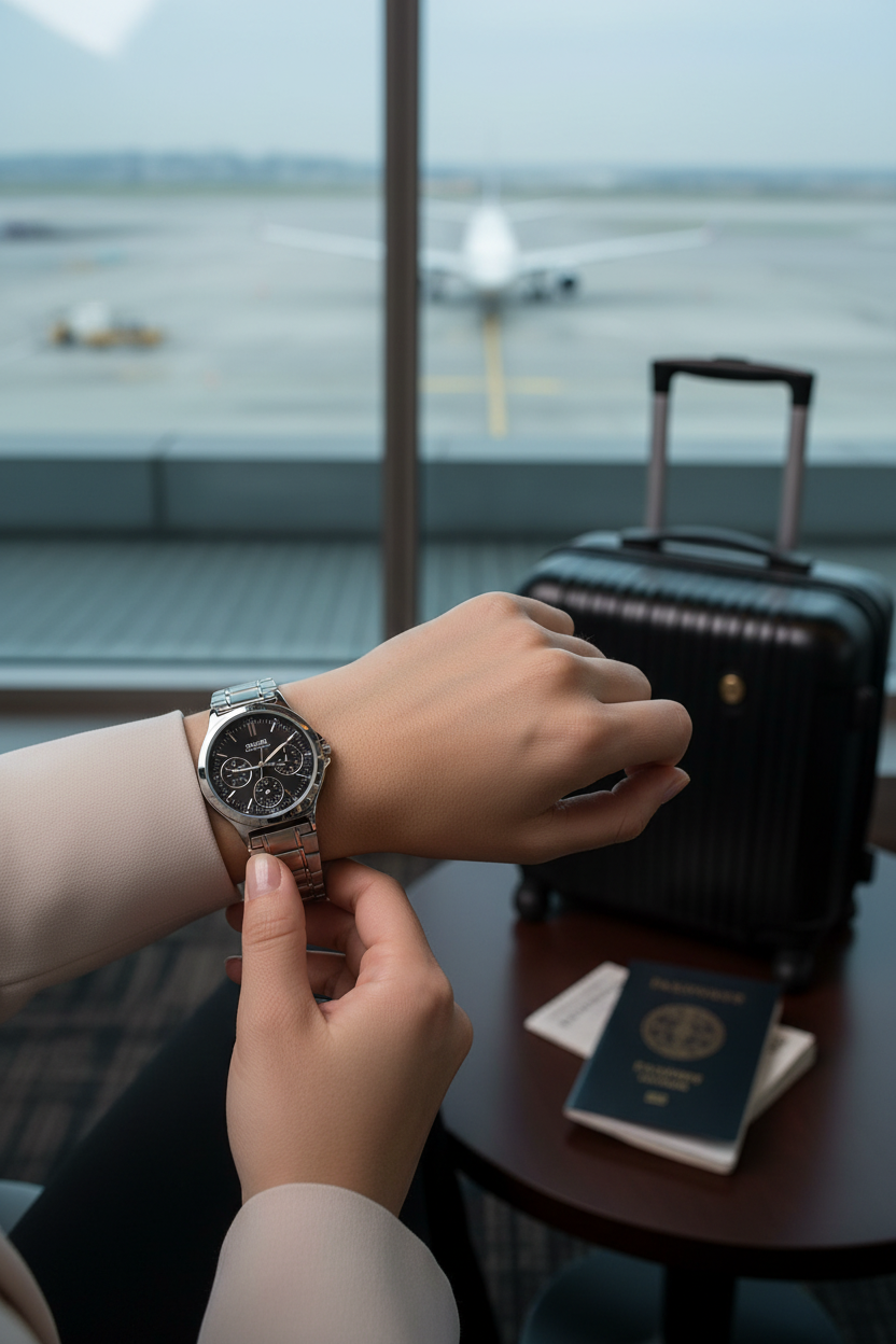 Casio LTP-V300D-1AUDF en muñeca en aeropuerto business travel