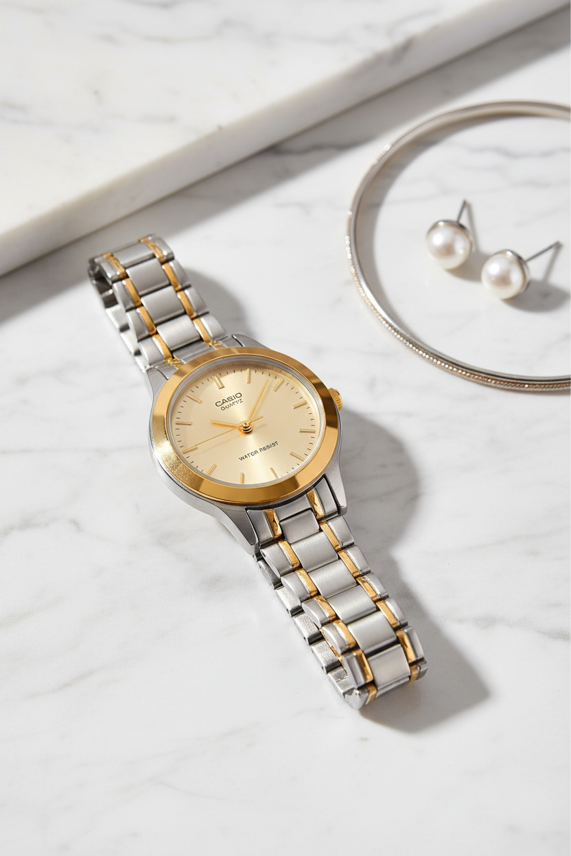 Casio LTP-1128G-9ARDF sobre mármol blanco con perlas y pulsera bicolor