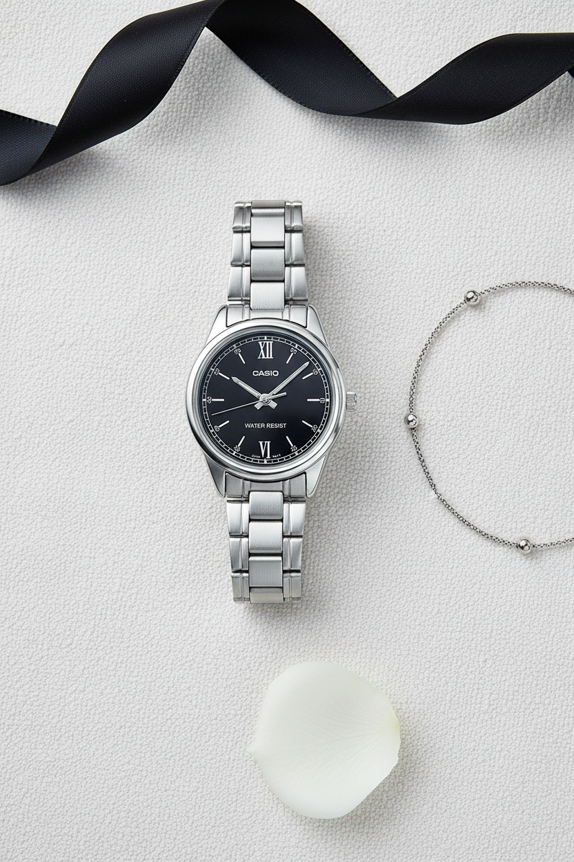 Casio LTP-V005D-1B2UDF flat lay sobre lino blanco con accesorios