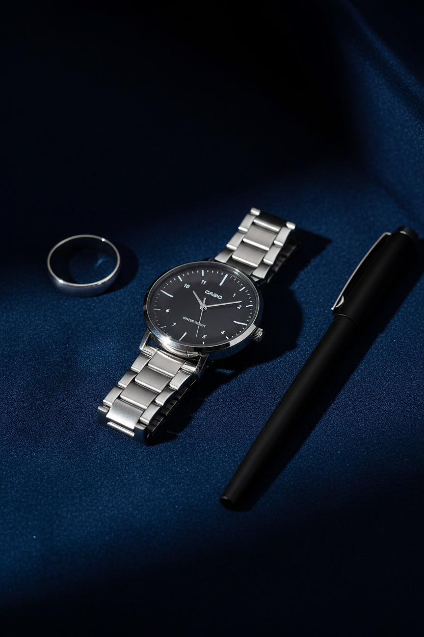 Casio LTP-VT03D-1BDF sobre terciopelo azul navy con accesorios modernos