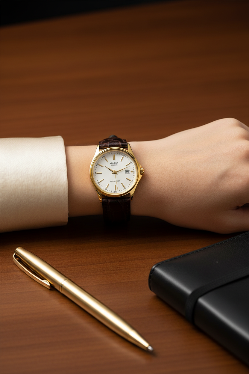 Casio LTP-1183Q-7ADF en muñeca en escritorio ejecutivo dorado