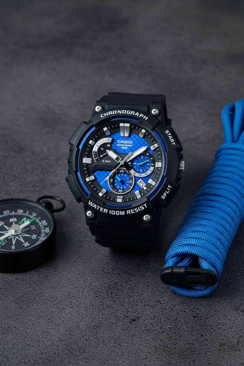 Casio MCW-200H-2AVDF sobre concreto dark con brújula
