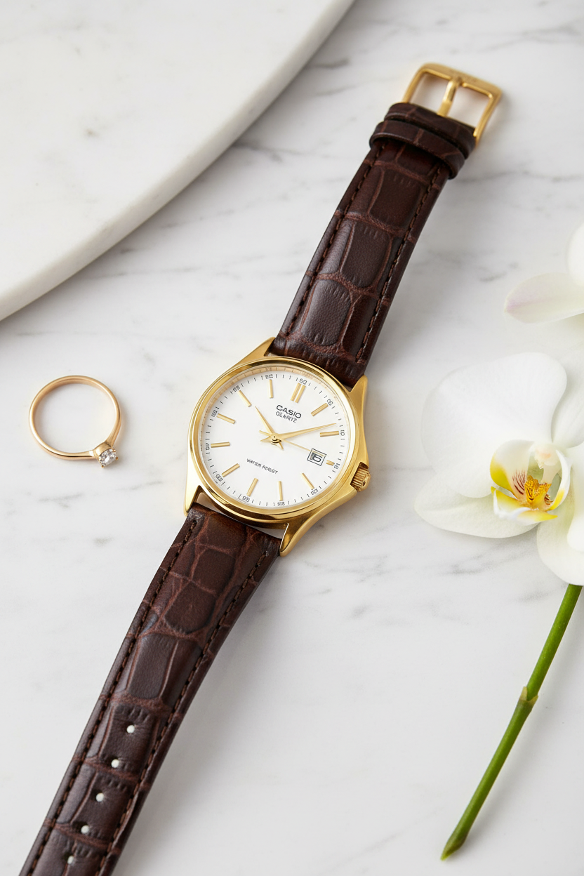 Casio LTP-1183Q-7ADF sobre mármol blanco con orquídea