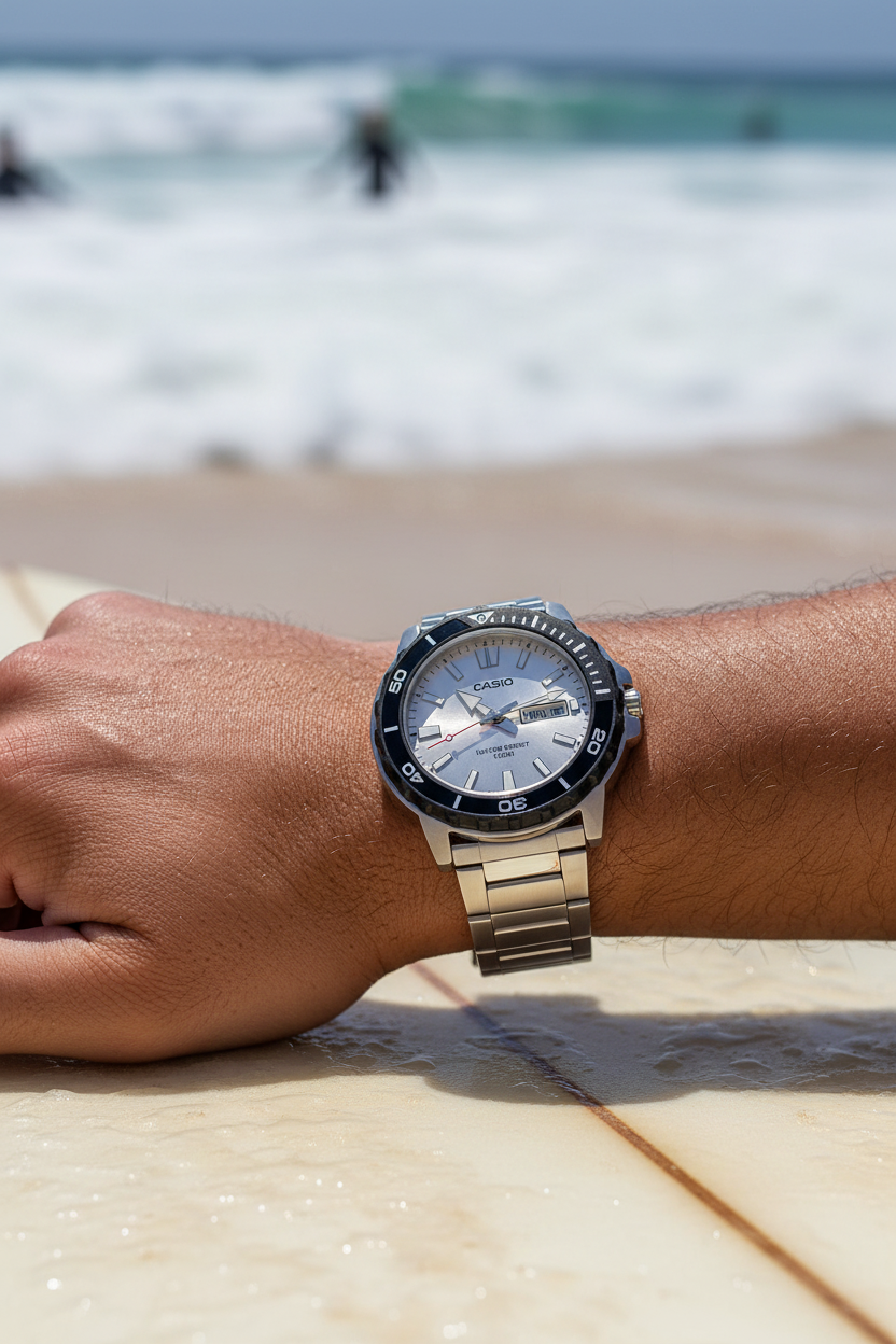 Casio MTD-125D-7AVDF en muñeca en surf en playa