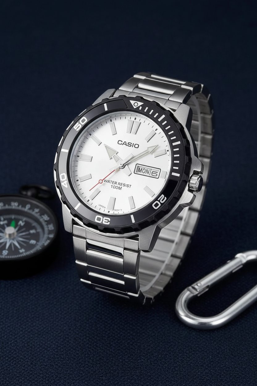 Casio MTD-125D-7AVDF sobre fondo navy con brújula