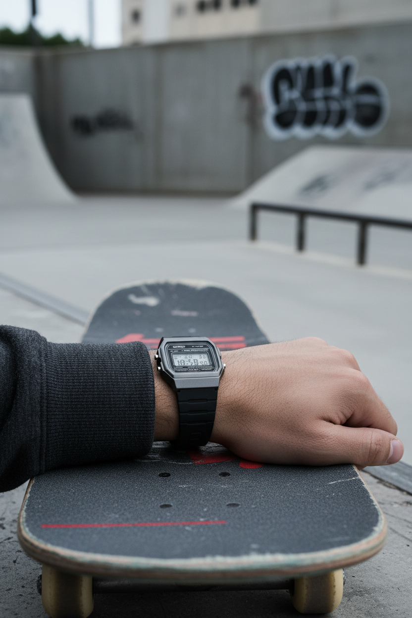 Casio F-91WM-1BDF en muñeca en skate park stealth