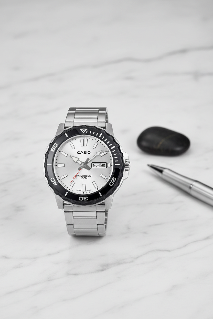 Casio MTD-125D-7AVDF sobre mármol blanco premium