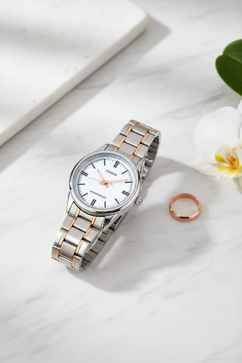 Casio LTP-V005SG-7AUDF sobre mármol blanco con accesorios rose gold