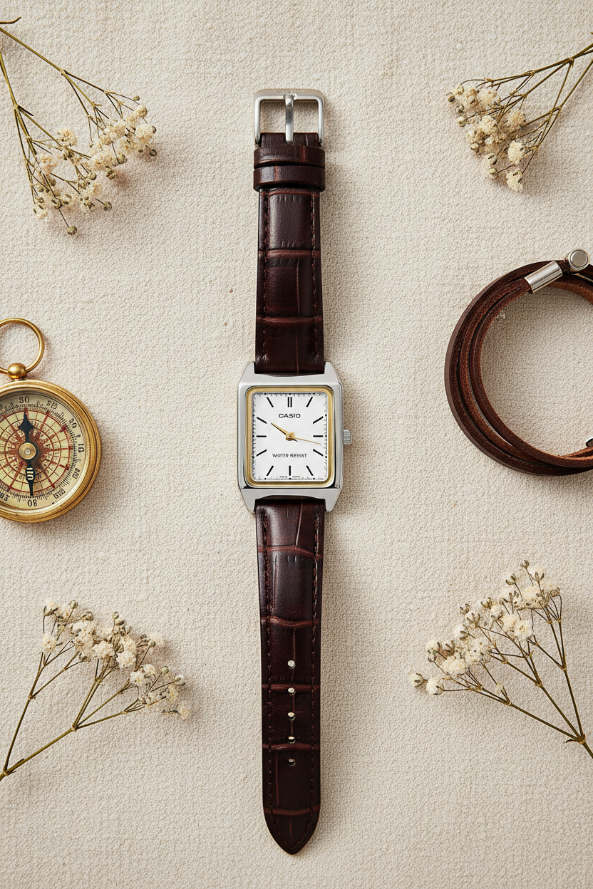 Casio LTP-V007L-7E2UDF flat lay sobre lino crema con brújula dorada