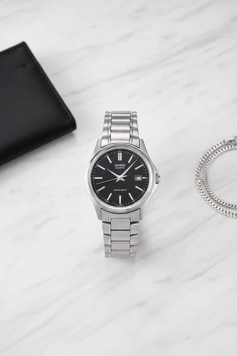 Casio LTP-1183A-1ADF sobre mármol blanco con contraste negro