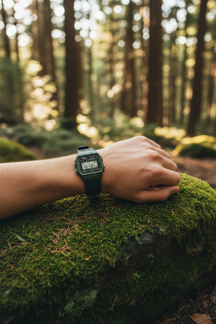 Casio F-91WM-3ADF en muñeca en bosque natural con musgo