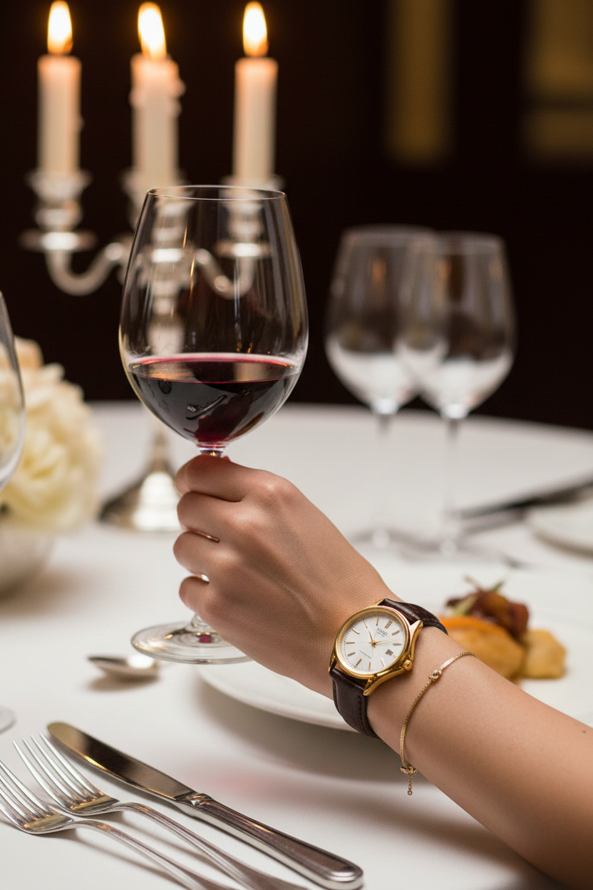 Casio LTP-1183Q-7ADF en muñeca en cena formal con vino