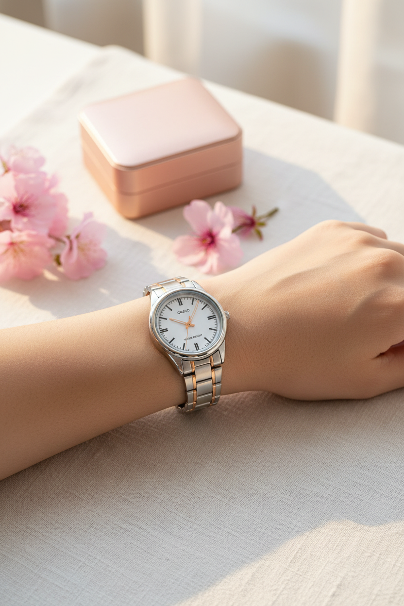 Casio LTP-V005SG-7AUDF en muñeca en mañana con joyero rose gold