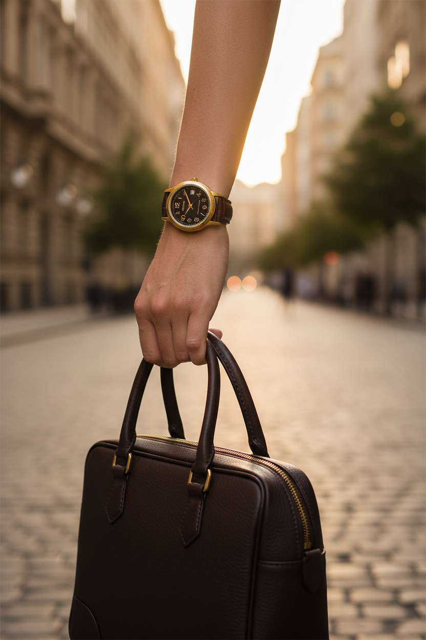 Casio LTP-V002GL-1BUDF en muñeca en escena urbana golden hour