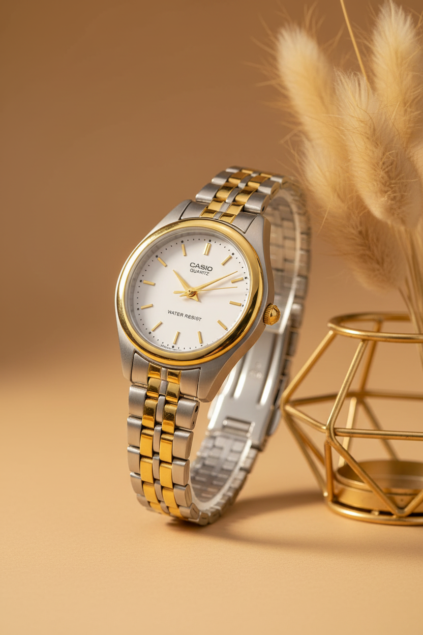 Casio LTP-1129G-7ARDF sobre fondo beige con pampas doradas