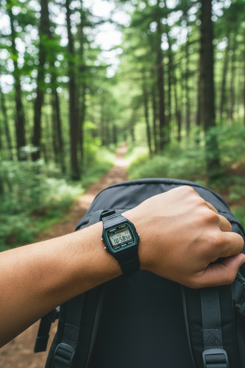 Casio F-91W-3DG en muñeca en aventura outdoor montaña