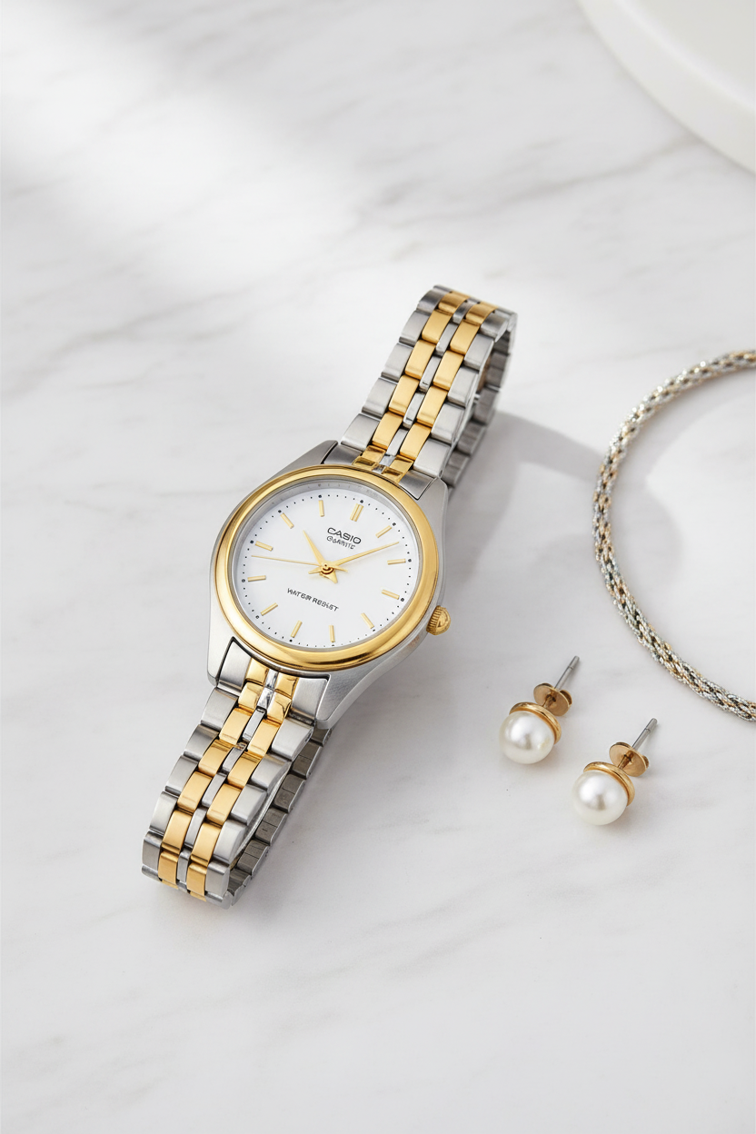 Casio LTP-1129G-7ARDF sobre mármol blanco con perlas y pulsera bicolor