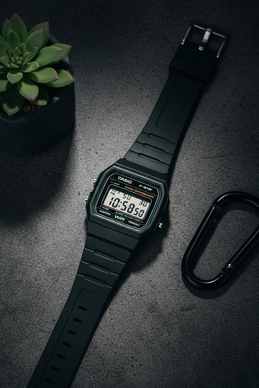 Casio F-91W-3DG sobre concreto dark con carabiner