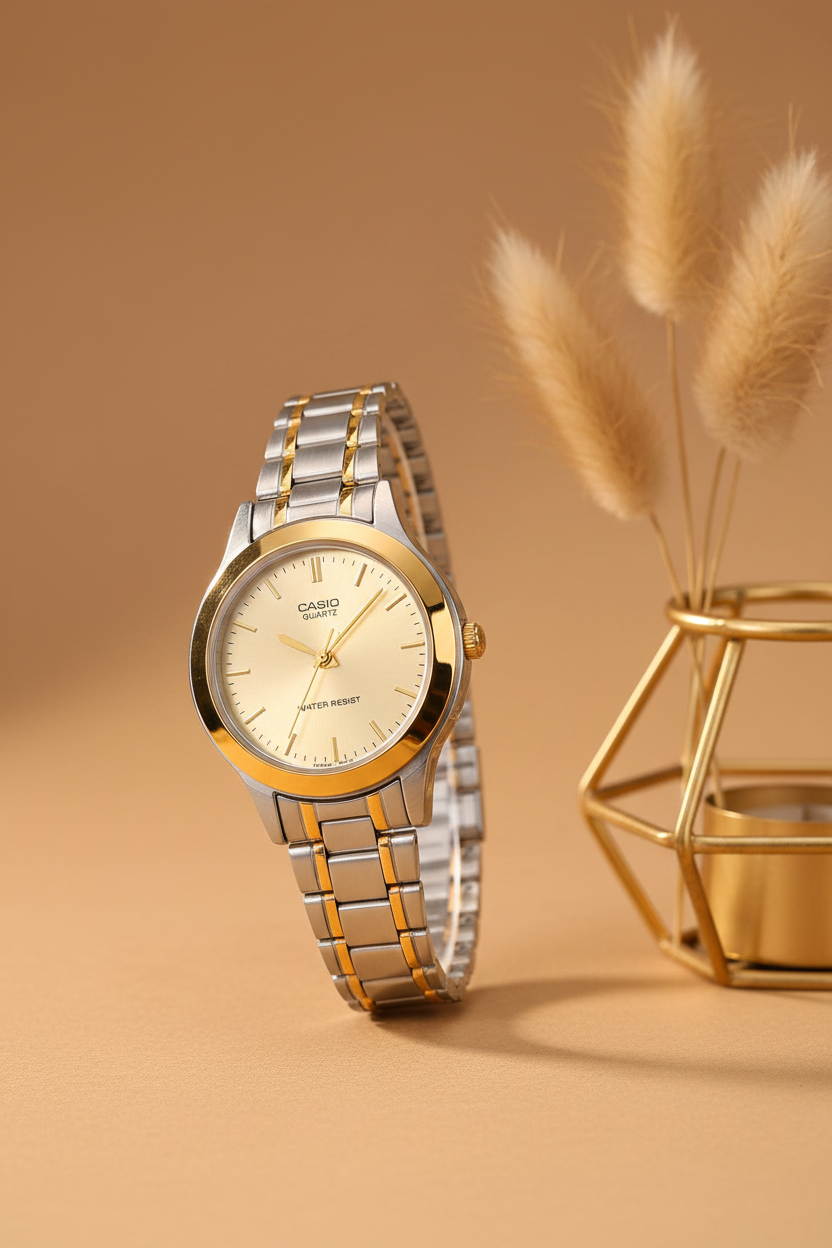 Casio LTP-1128G-9ARDF sobre fondo beige con pampas doradas