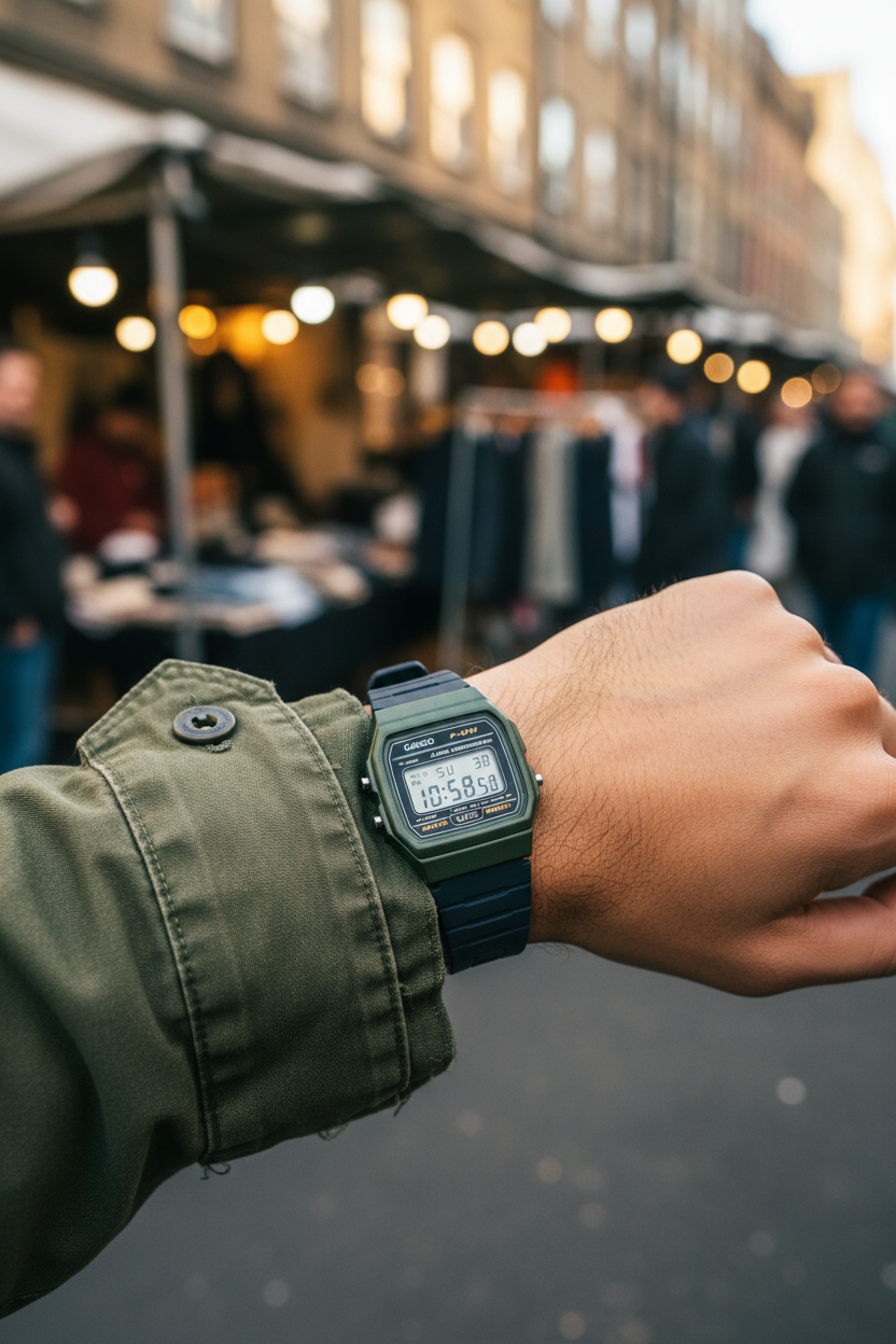Casio F-91WM-3ADF en muñeca en mercado vintage militar
