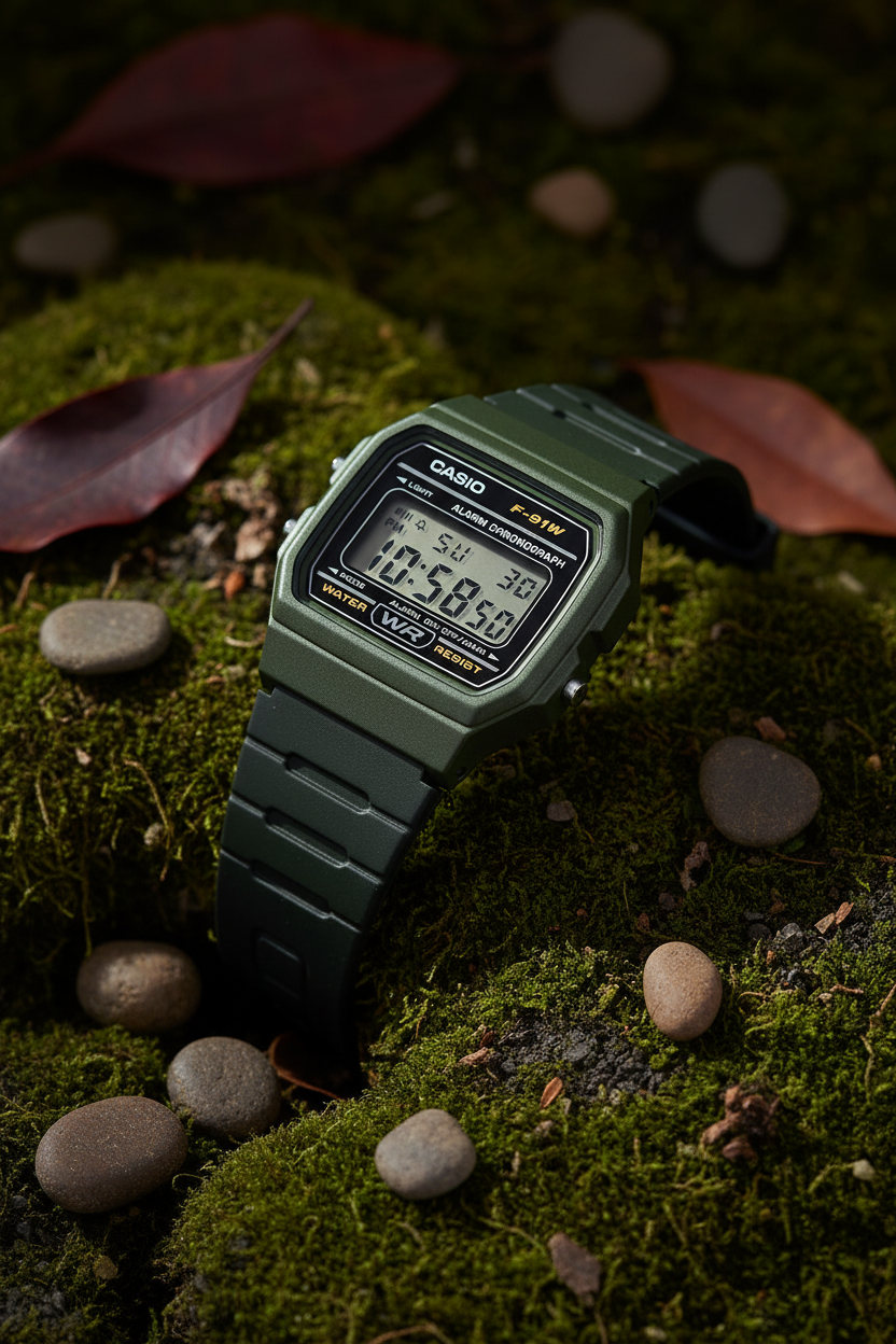 Casio F-91WM-3ADF sobre musgo natural con piedras