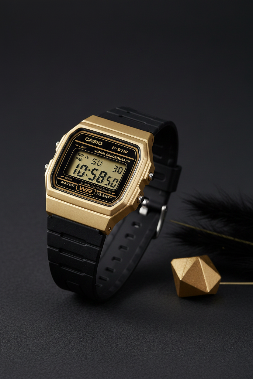 Casio F-91WM-9ADF sobre fondo carbón con pampas negras