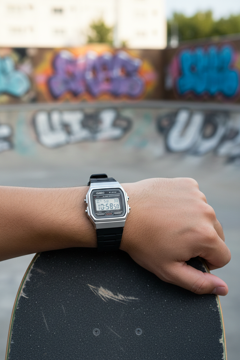 Casio F-91WM-7ADF en muñeca en skate park urbano