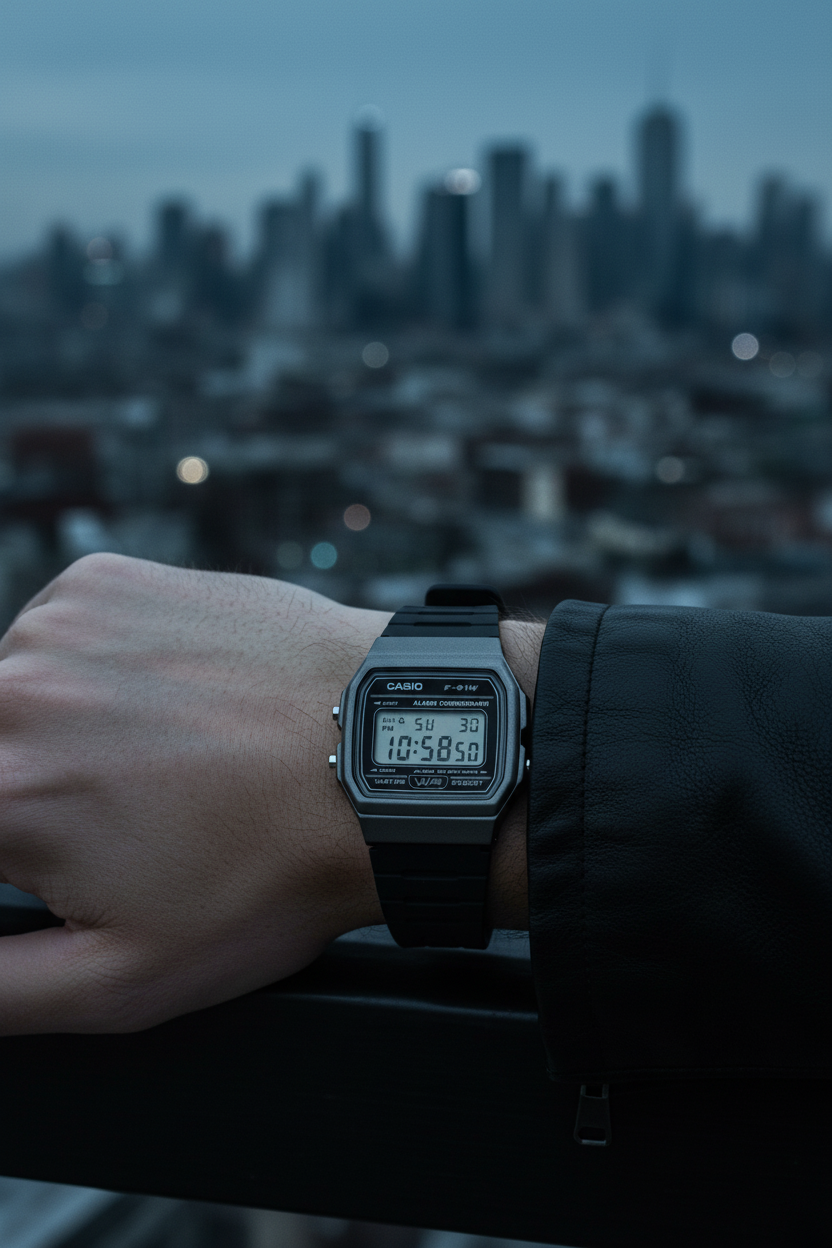 Casio F-91WM-1BDF en muñeca en rooftop dusk stealth