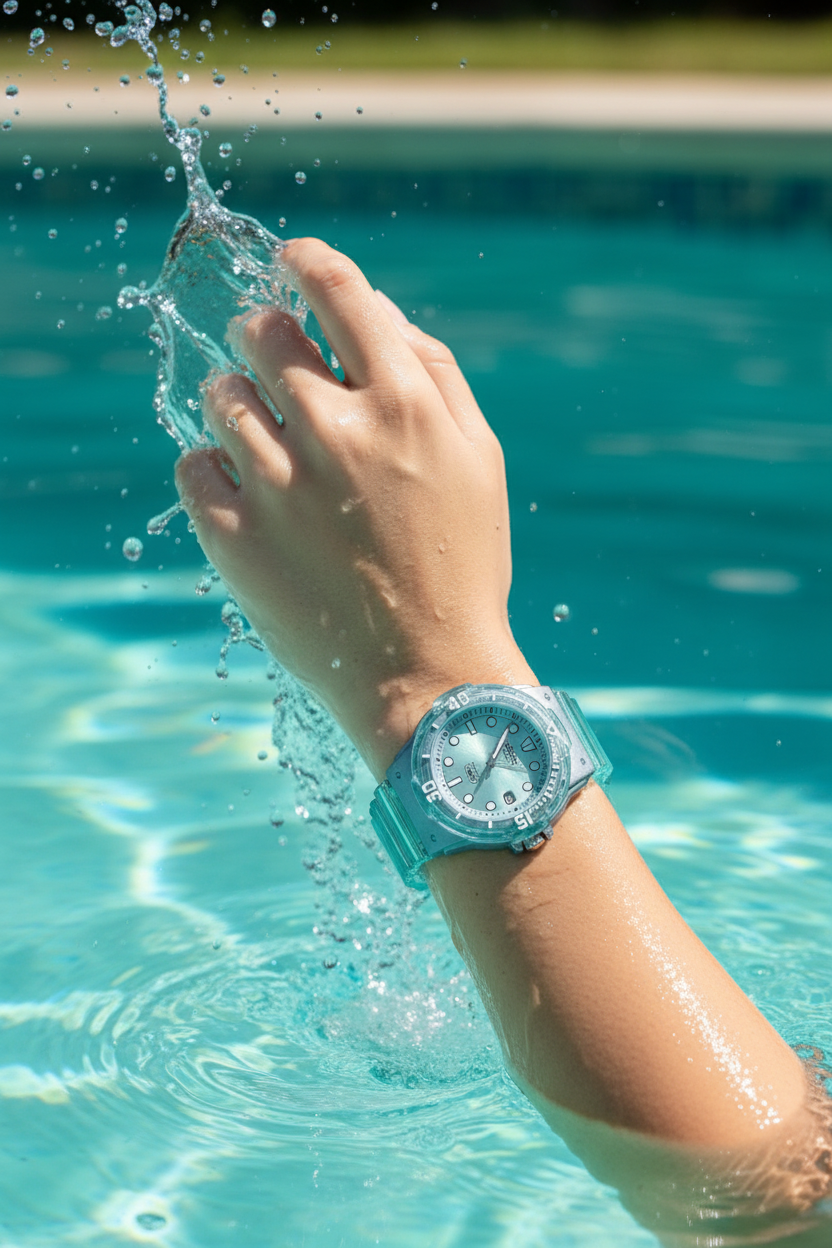 Casio LRW-200HS-2EVDF en muñeca en piscina con splash