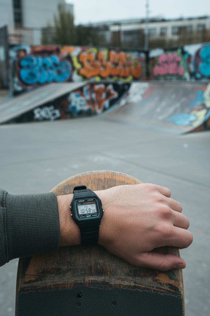 Casio F-91W-3DG en muñeca en skate park urbano