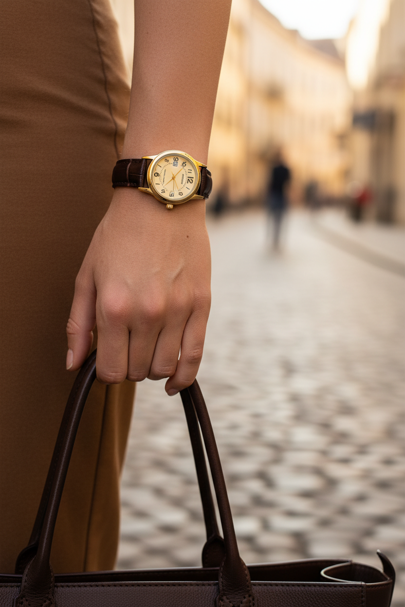 Casio LTP-V002GL-9BUDF en muñeca en viaje europeo golden hour