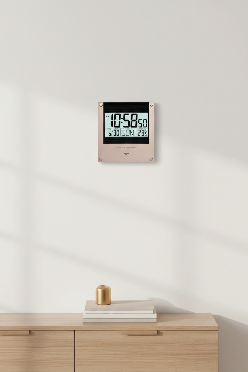 Casio ID-11S-1DF reloj de pared digital slim en sala elegante dorada