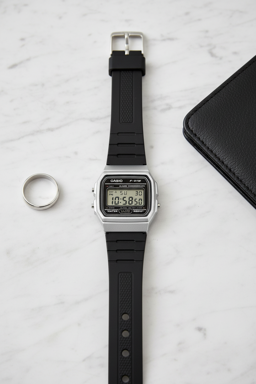 Casio F-91WM-7ADF sobre mármol blanco con contraste negro