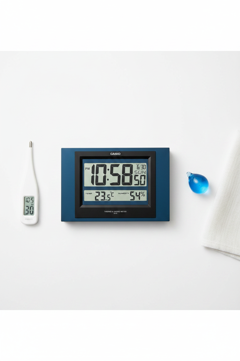 Casio ID-16S-2DF flat lay con termómetro y objeto azul
