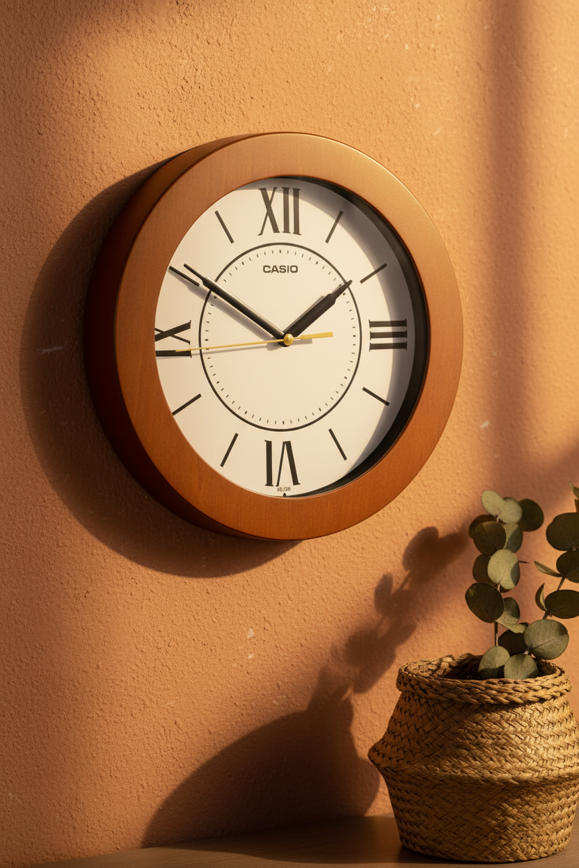 Casio IQ-126-5BDF contra pared terracota con eucalipto