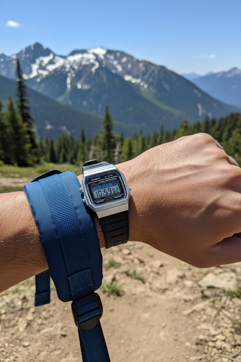 Casio F-91WM-7ADF en muñeca en aventura outdoor montaña